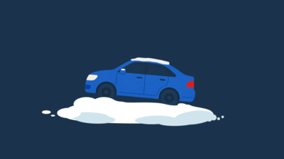 눈이 쌓인 도로에서 2WD 차량과 AWD 차량을 비교하고 가운데 운전자가 고민하는 모습
