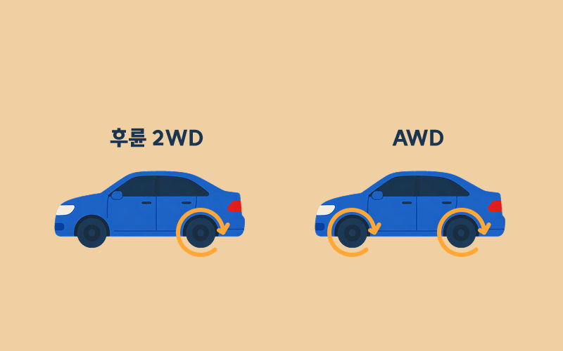 전륜 또는 후륜 2WD와 네 바퀴에 구동력이 전달되는 AWD 구조를 비교한 자동차