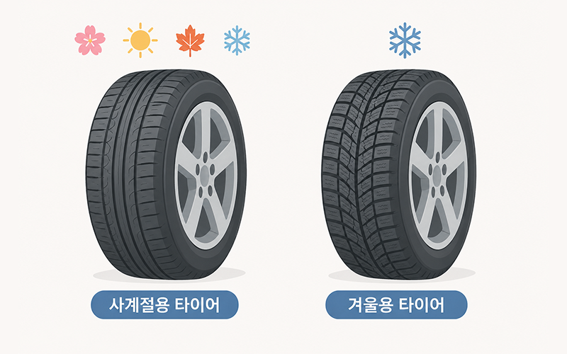 AWD 사계절 타이어와 겨울용 타이어의 트레드가 눈 위에서 접촉하는 모습을 비교한 이미지