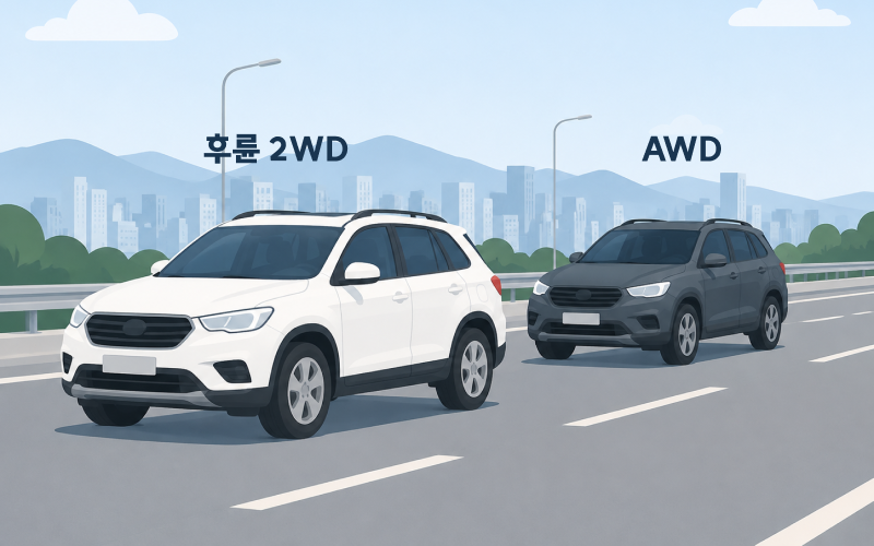 도심을 주행하는 2WD SUV와 눈 쌓인 산길을 달리는 AWD SUV를 나란히 비교한 이미지