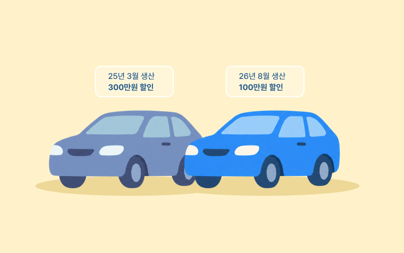생산월이 다른 동일 모델의 신차에 각각 다른 할인 금액표가 붙어 있는 모습