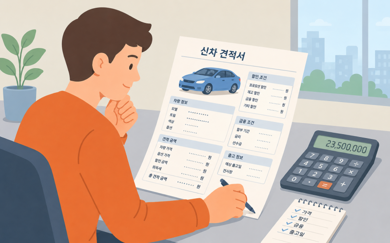 신차 견적서에서 기본 할인·생산월 할인·전시차 할인·기타 조건을 각각 구분해 확인하는 모습