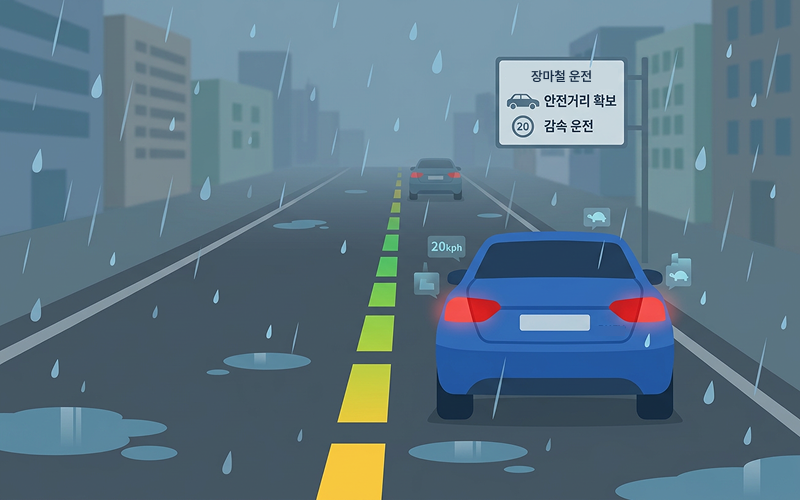 빗길에서 안전거리를 확보하고 감속 운전을 하는 자동차의 후면 모습