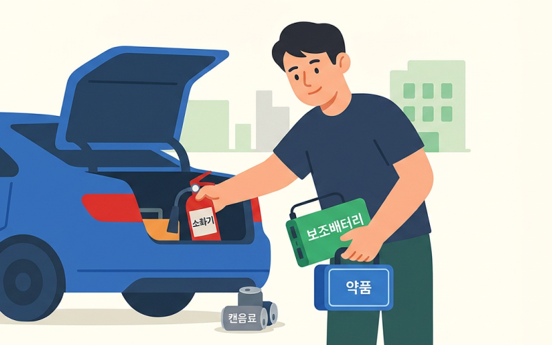 트렁크 안에서 위험물품(보조배터리, 캔음료, 약품 등)을 꺼내 정리하는 모습