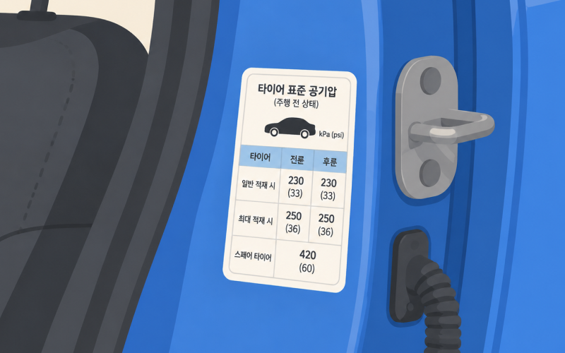 운전석 B필러 도어 안쪽에 붙어 있는 타이어 표준 공기압 스티커를 확인하는 모습