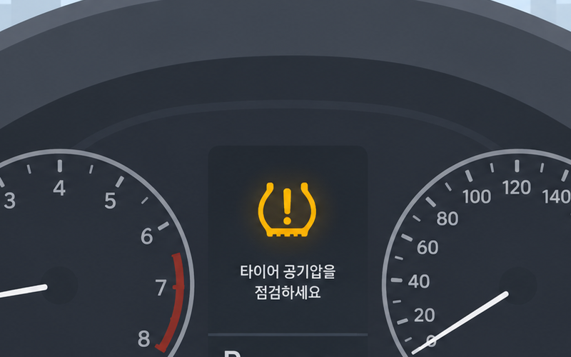 가을철 차량 계기판에 타이어 공기압 경고등이 켜진 모습
