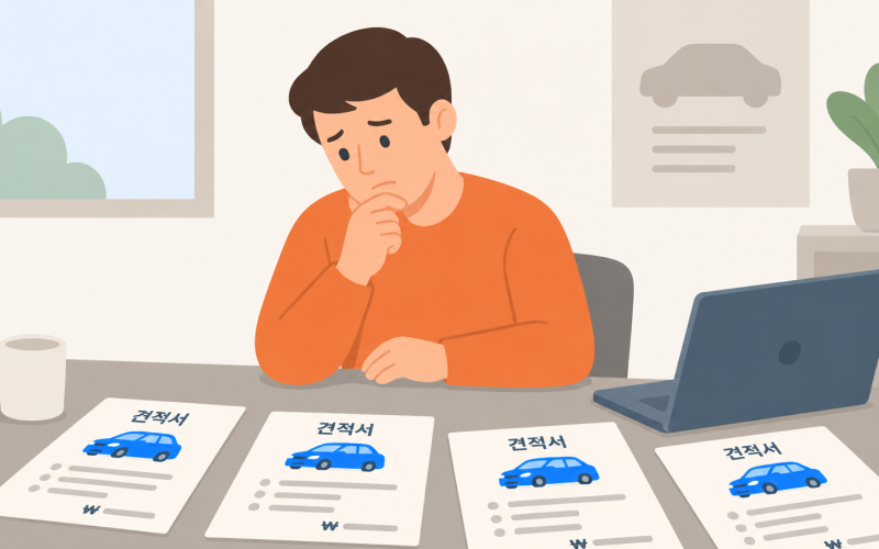 여러 장의 신차 견적서에서 차량 가격과 서비스 조건을 비교하는 소비자