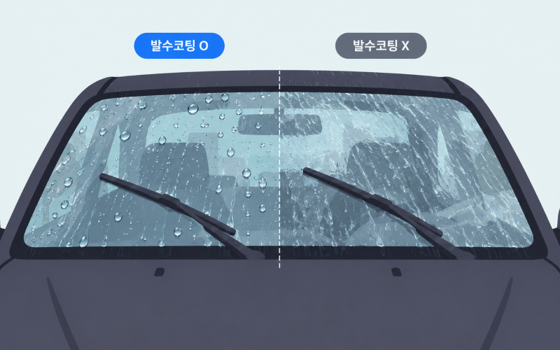 발수코팅 전에는 물이 넓게 퍼지고 코팅 후에는 동그란 물방울이 맺히는 유리 비교