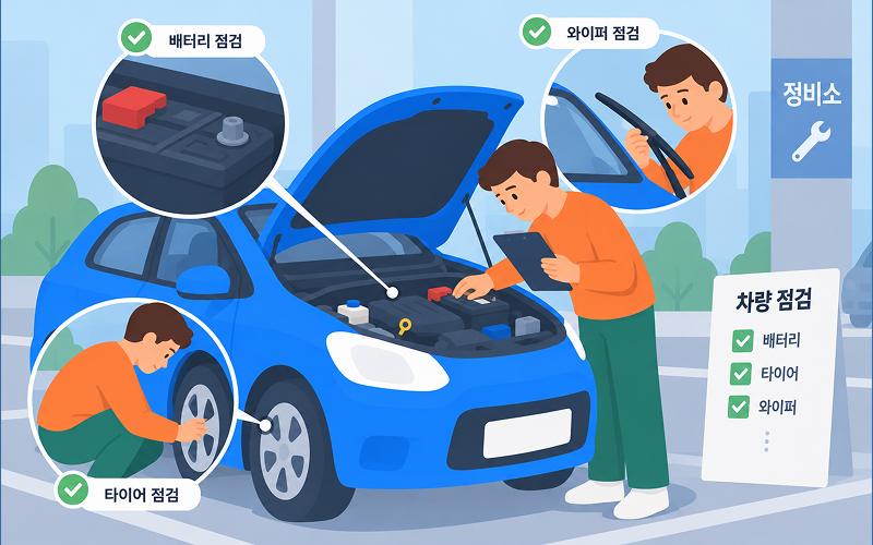 가을 장거리 운전을 앞두고 배터리, 타이어, 와이퍼 등을 점검하는 자동차