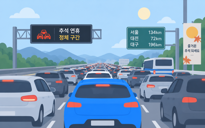 추석 귀성길 차량이 길게 늘어서 정체된 고속도로