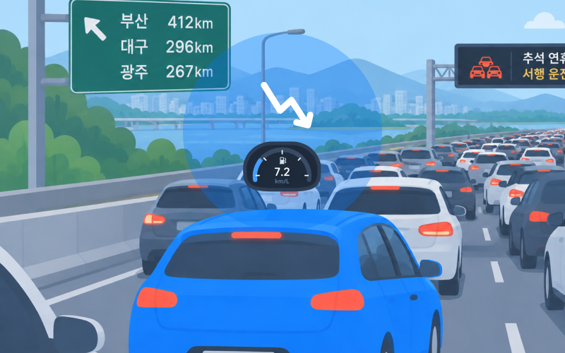 정상적으로 달리는 고속도로와 정체 구간의 연비를 비교하는 인포그래픽