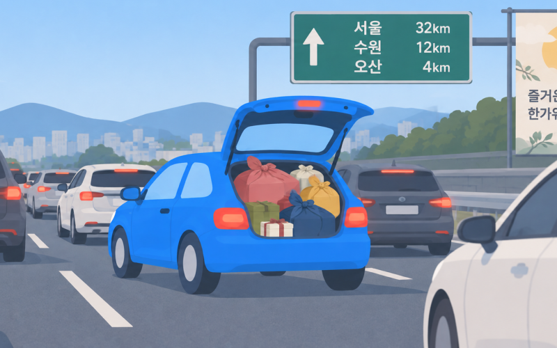 트렁크에 불필요한 짐과 명절 선물이 가득 실린 자동차