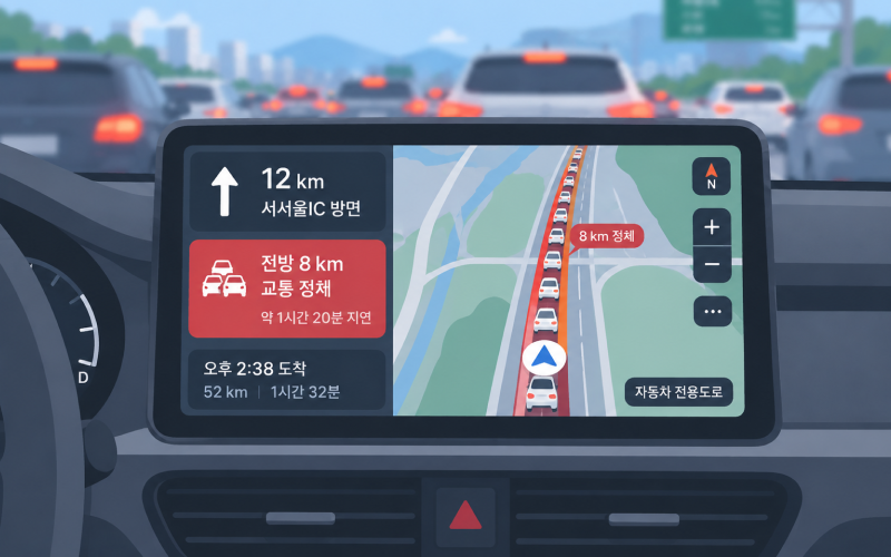 출발 전 내비게이션으로 여러 고속도로 경로와 정체 상황을 비교하는 모습