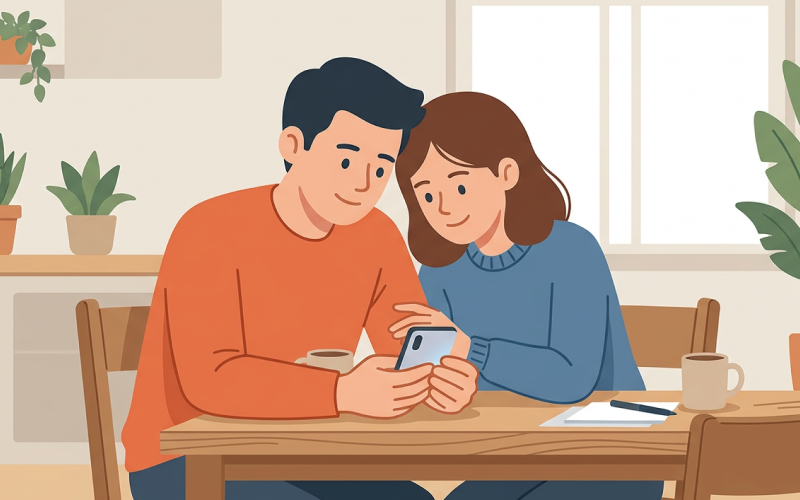 스마트폰에서 여러가지 3인가족 차 추천 패밀리카의 신차 견적과 구매조건을 비교하는 부부