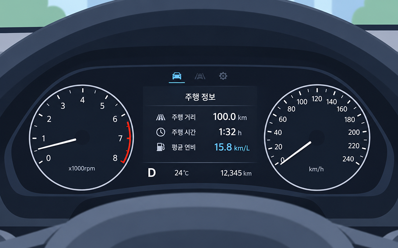 장거리 출퇴근 차량 추천 모델의 연비가 표시된 계기판